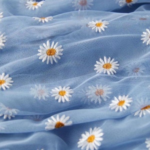 Adorable Daisy Flower Embroidered White light Blue Dark Pink Tulle Fabric for Flower Girl Dress, Party Dress, Costume design 55&quot; width