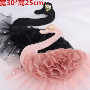 1pc Pink Black Swan 3D Chiffon Beaded Pearl Lace Applique Venice Floral Embroidery Applique Collar Altered Clothing Sewing