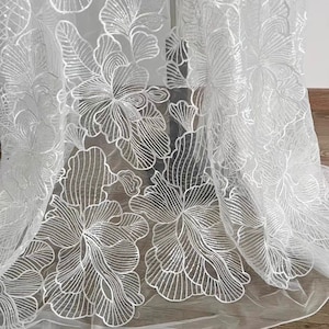 Off White Sequin Large Floral Embroidery Lace Fabric Soft Tulle Embroidery for Bridal Lace Wedding Fabric  Headband 51&quot; width High Quality