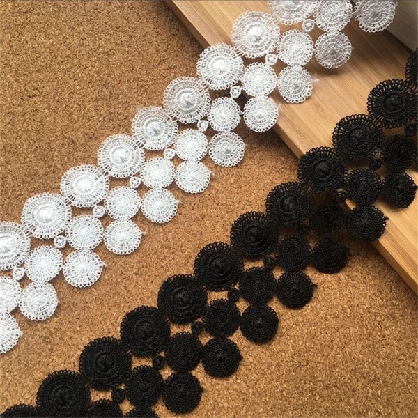 2 yards lace trim black round white Lace, Circle Applique Lace, Round Lace Trim, Venise Flower Trim Applique Lace 6cm width