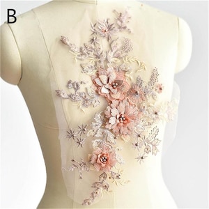 1 pc Multi-color lace appliqué, 3d flower appliqué, beaded embroidered bride applique,