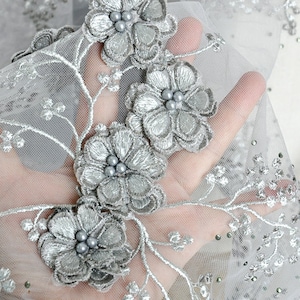 3D Gray Bead Pearl Floral Lace Fabric Tulle Fabric Exquisite Bridal Wedding Fabric Headband Lace Fabric 51.1&quot; width 1 yard