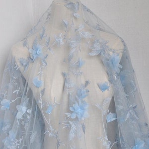 1 yard Lace Fabric 3D Blue Chiffon Floral Leaf Embroidery Tulle Exquisite Bridal Wedding Headband 51&quot; width