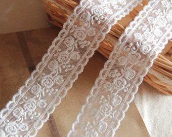 2 yards Lace Trim Ivory Tulle Embroidery Rose Floral Bridal Wedding 1.37" width