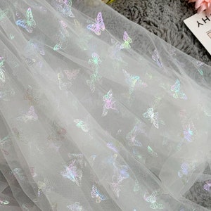 Glitter print  gradient butterfly white tulle lace fabric for DIY girls bady dress, wedding dresses, prom dresses 59" width