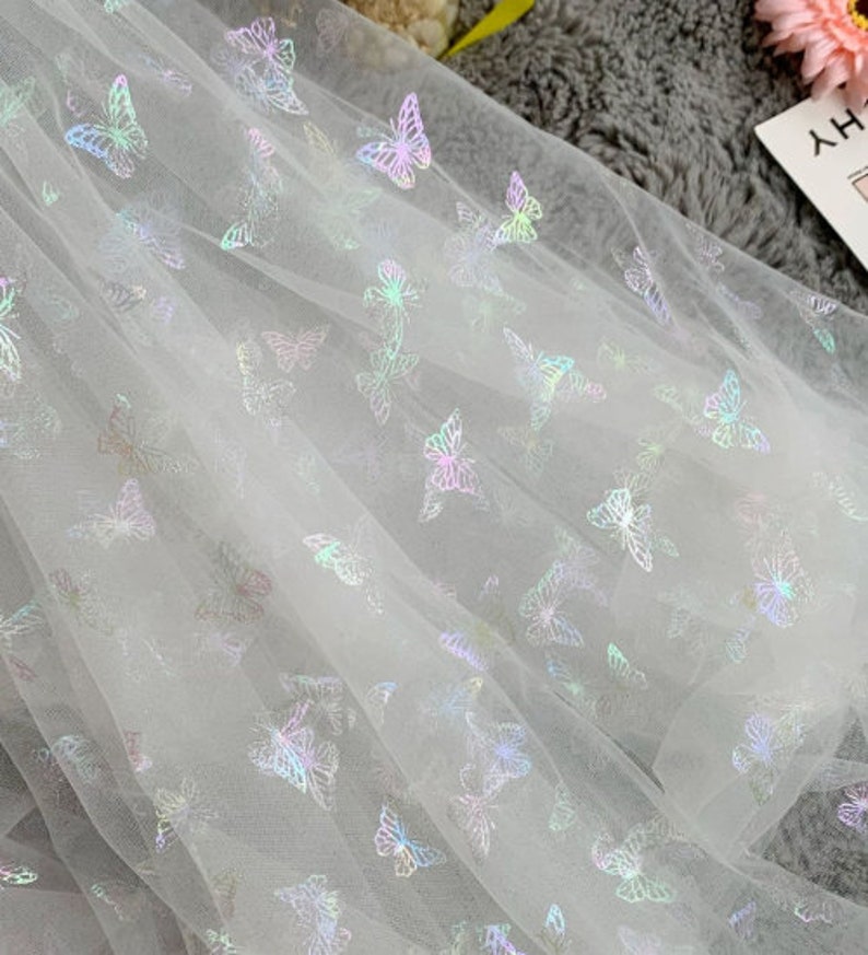 Glitter print rainbow gradient butterfly white tulle lace fabric for DIY girls bady dress, wedding dresses, prom dresses 59' width 