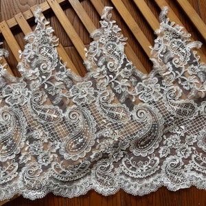 1 Yards Ivory Eyelash Floral Embroidery Trim Bridal Fabric Veil Fabric Alencon Lace Trim for Bridal Wedding trim 45cm width high quality