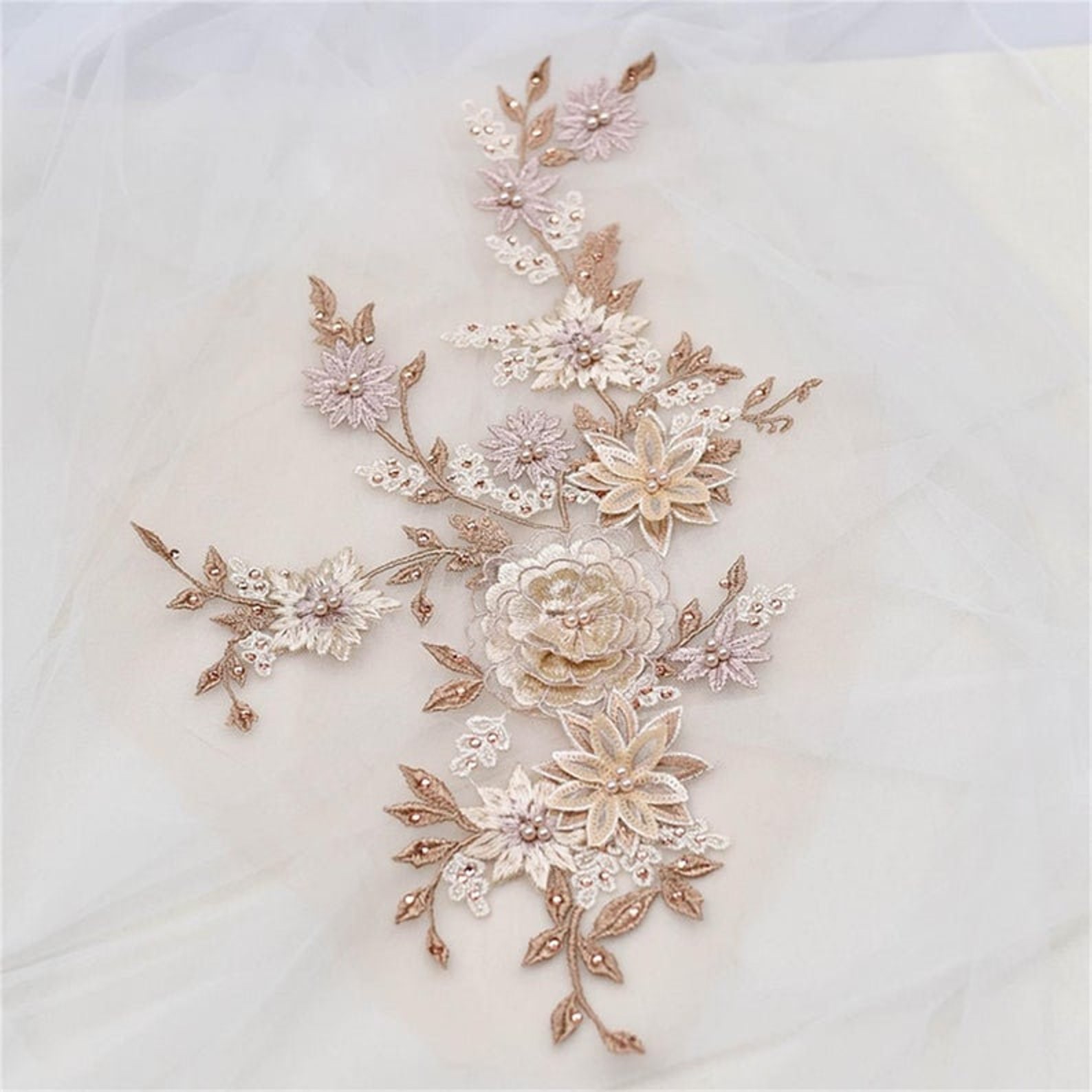 3D Floral Design - Champagne - Flowers Embroidered and Beaded With Pearls On a Mesh Lace