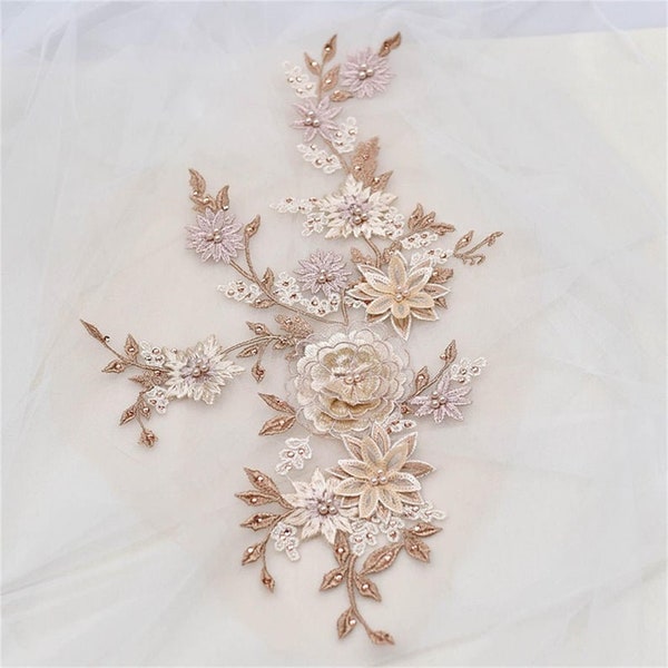 3D Champagne Pearl Beaded Flower Lace Applique , Embellished Lace Patch for wedding gown, dance costumes, bridal hair accessories