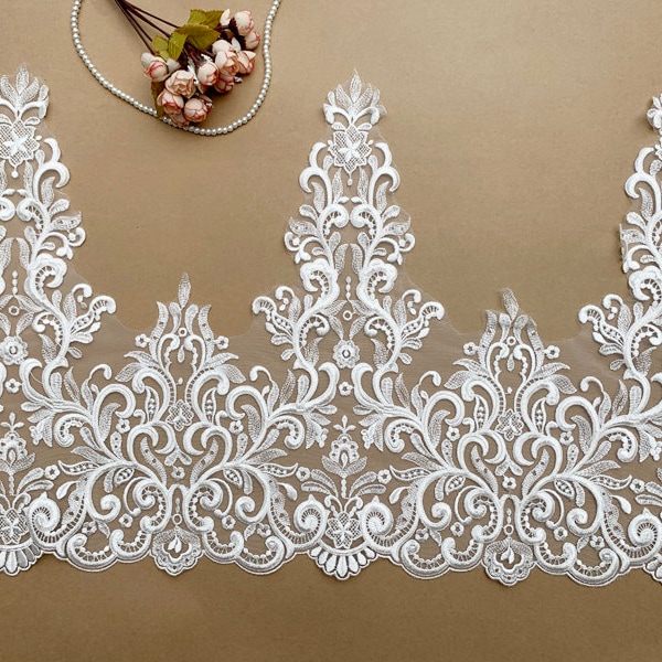 Super width Lace trim ivory embroidery flower, wedding dress lace, bridal veil, lace accessories alencone For Wedding Dress Grown 48cm