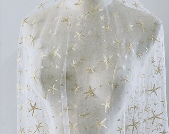 Sequin Gold Star Ivory Tulle Lace Fabric  Floral Embroidery Exquisite Bridal Wedding Headband Fabric 59" width