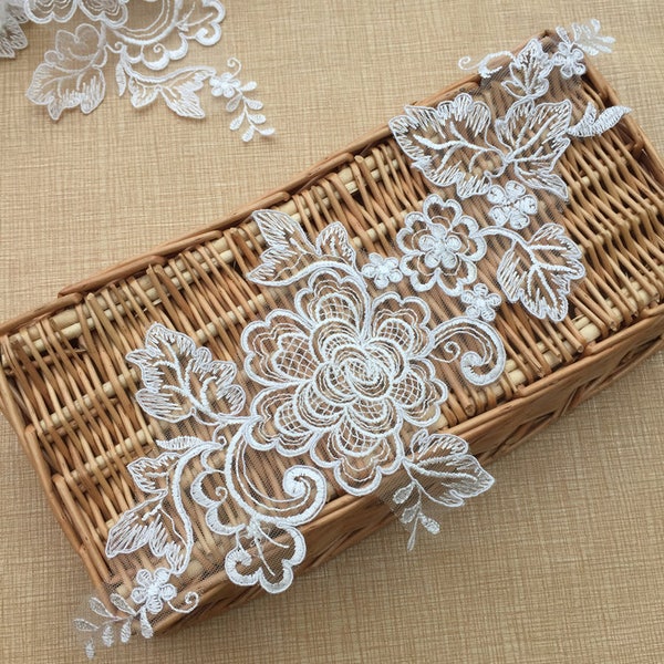 1 pair Ivory Peony Venice Alencon Lace Appliques Flowers Embroidered Wedding Supplies Bridal Veil