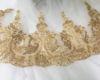 Champagne gold shiny hot diamond sequined lace trim wedding  dance dress lace embroidered tulle for wedding  veil