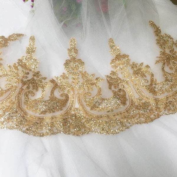 Champagne gold shiny hot diamond sequined lace trim wedding dress dance dress lace embroidered tulle for wedding bridal veil