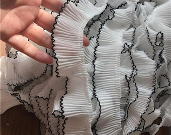 Doll making off white ruffled chiffon lace trimmings with black edge DIY clothing pleated ribbons