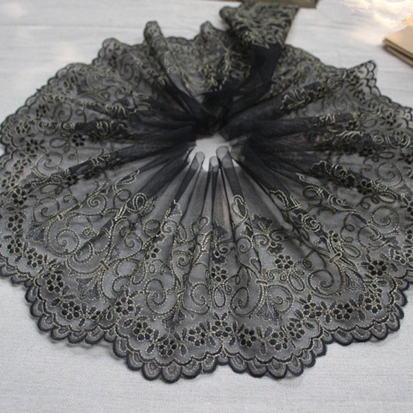 2 Yards Black Tulle Gold Flower Lace Trim Soft Tulle Floral Embroidered Wedding Lace Bridal Lace Lolita Lace 7.08" Wide High Quality