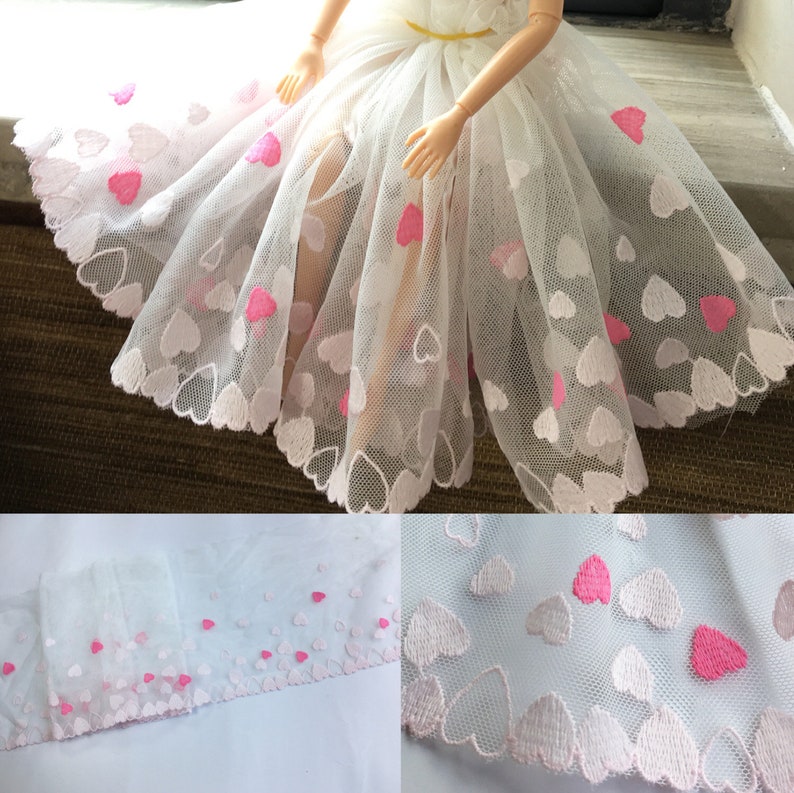 2 Yards Lace Trim Ivory Tulle Pink Heart Exquisite Embroidery Floral Wedding Bridal Veil Lace 6.69 width High Quality