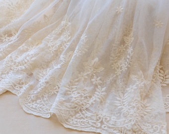 1 Yard Lace Fabric Soft Tulle Beige Black Cotton Embroidery Floral Bridal Wedding Fabric Headband 51" width