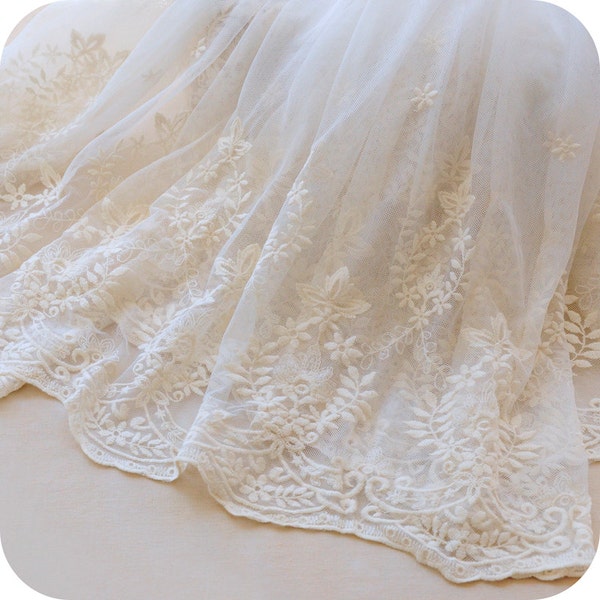 1 Yard Lace Fabric Ivory Tulle Beige Cotton Embroidery Floral Bridal Wedding Fabric Headband 51" width