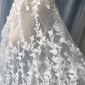 1 Yard 3D Butterfly Flower Ivory Tulle Lace Fabric Embroidered Bilateral Scalloped Edge Wedding Fabric 51&quot; Veil High Quality