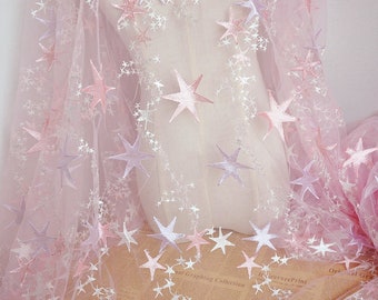 Pink Tulle Star Embroidery Floral Lace Fabric Exquisite Bridal Wedding Headband 51" width 1 yard