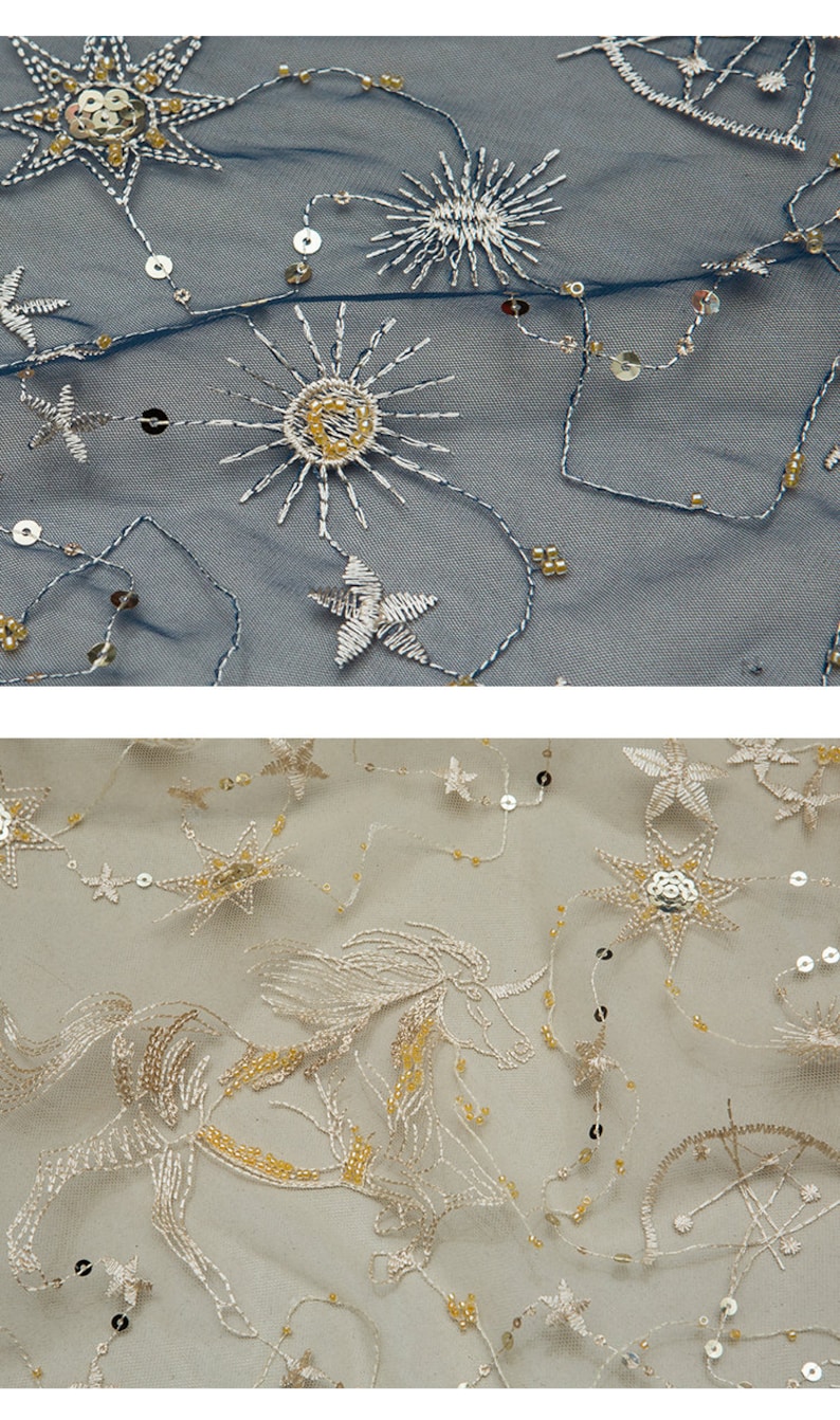 May include: Close-up of two fabrics with embroidered celestial designs. One is navy blue with silver stars, suns, and sequins. The other is beige with a unicorn and star patterns, also with sequins and gold beads. Ideal for apparel or decor.