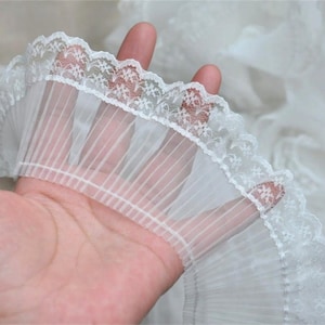 Lace Trim White Organza Pleated Ruffled Casting Prom Dress Folding Flower Bridal Wedding Fabric Headband Fabric 2.7&quot; width