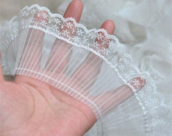 Lace Trim White Organza Pleated Ruffled Casting Prom Dress Folding Flower Bridal Wedding Fabric Headband Fabric 2.7" width