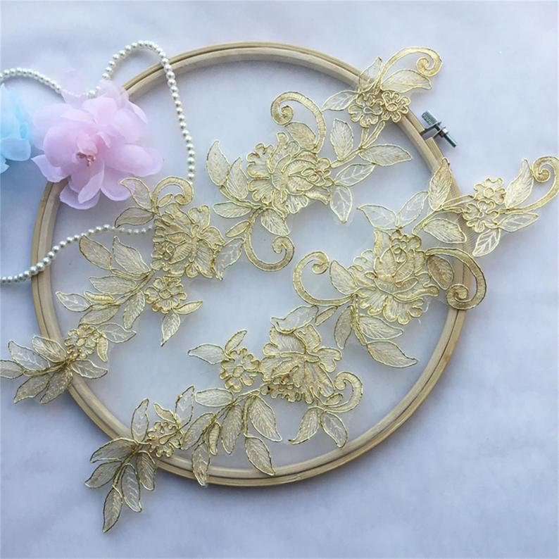 1 pair Luxury Gold Lace Applique Vintage Alencon Lace Etsy