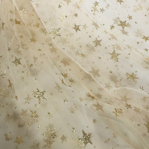 Sequin Gold Star Champagne Tulle Lace Fabric  Floral Embroidery Exquisite Bridal Wedding Headband Fabric 51&quot; width