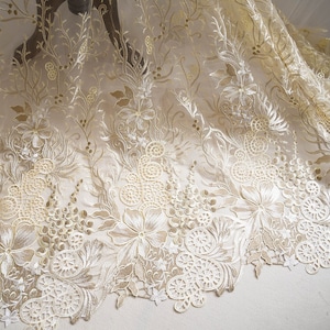 1 yard Lace Fabric Champagne Tulle Vince  Luxury Floral Embroidery Exquisite Bridal Wedding Headband 53&quot; width High Quality
