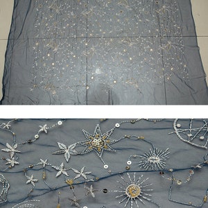 May include: Dark blue fabric with embroidered celestial designs, including stars, suns, and moons, in silver and gold thread. The fabric is decorated with sequins and beads. The text "花纹展示" and "MADE OF PAPER STRAP SO WHAT" is visible.