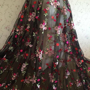 1 yard Gorgeours Lace Fabric Floral Embroidered Black Tulle Fabric Dress Bridal Veil Floral Lace Fabric 51&quot; width