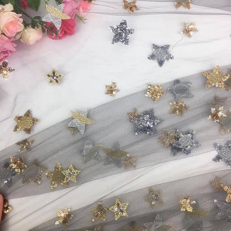 Fabulous Biege Tulle Sequined Lace Fabric Exquisite Stars Fabric 51 Wide Wedding Dress Veil Costume Supplies image 5