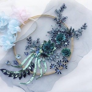 4 color lace applique, 3D flower applique, beaded sequin embroidered bride applique, 1 piece