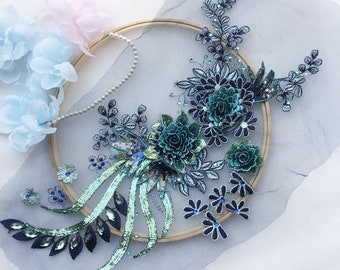 4 color lace applique, 3D flower applique, beaded sequin embroidered bride applique, 1 piece