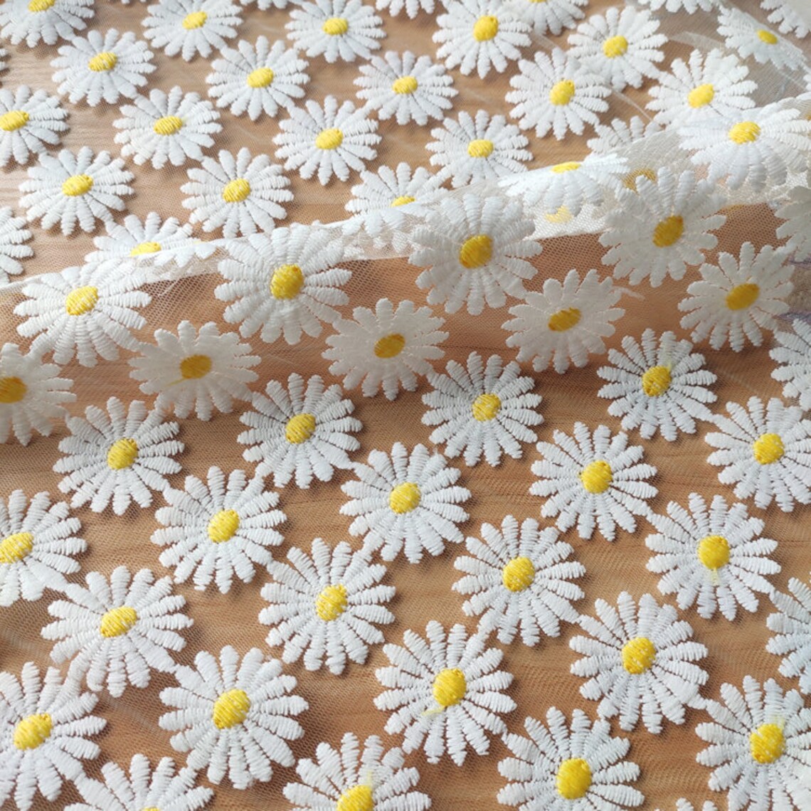 Lace Fabric Adorable White Daisy Flower Embroidered White Etsy