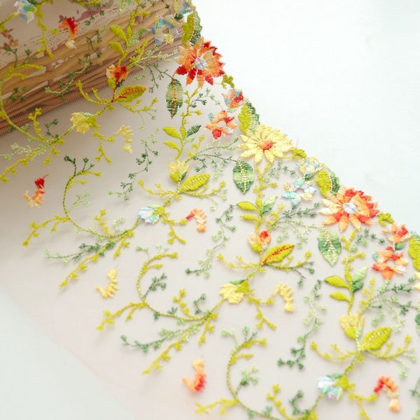 New Arrivel  1 yard Lace Trim Colorful Flower Embroidery soft Tulle Wedding Lace Bridal Lace Headband Fabric 8.66" width High Quality