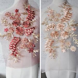 2 color 1pc 3D Red Gold Pink Gold Flower Exquisite Lace Applique Pearl Beaded lace motif Venice lace applique wedding bodice accessories
