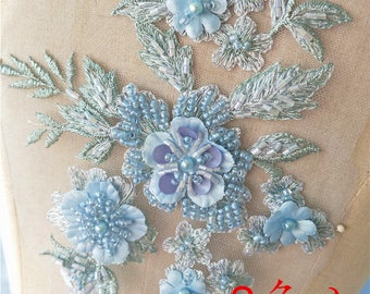3D Light Blue Bead Pearl Super Luxury Lace Appliques Floral Exquisite Wedding Dress Grown Bridal Veil Accessories