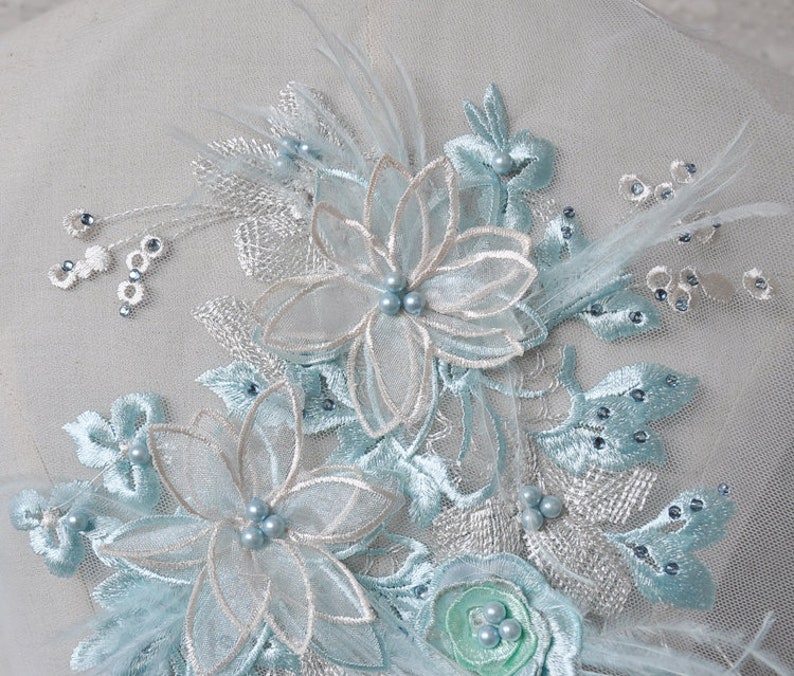 2 colors 3D Blue Pink Feather Pearl Beaded Flower Lace Applique Embellished Lace Patch for wedding dance costumes bridal hair accessories