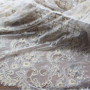 Gold Chantilly Lace Fabric sell by yard , eyelash lace fabric Bilateral Eyelash Lace, French Style Wedding Dress lace