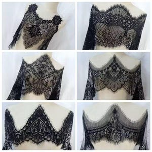May include: A selection of black lace fabric, shown on mannequins. The lace has detailed floral and geometric designs, with scalloped edges and different sleeve lengths. The delicate material is displayed in several views, emphasising the detail and texture.