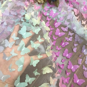 Beautiful Rainbow Gradient 3D Butterfly Tulle Lace Fabric Baby Dress Fabric Dance Dress Ombre Fabric Exquisite Bridal Wedding 51&quot; width