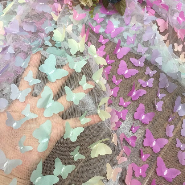 Schöne Regenbogen Farbverlauf 3D Schmetterling Tüll Spitze Stoff Baby Kleid Stoff Tanzkleid Ombre Stoff Exquisite Braut Hochzeit 51 "Breite
