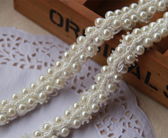 Buy White Beaded Lace Trim Rhinestone Pearl Lace Trim for Wedding