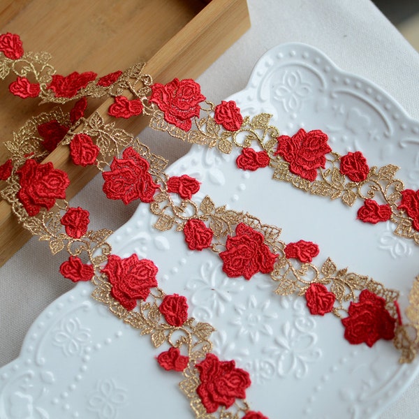 1 yard Beautiful Red Rose Gold Flower Embroidery Lace Trim for DIY Bridal, Necklace, Sashes, Jewelry or Costumes 3.2cm width