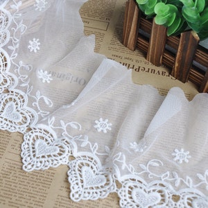 2 yards Lace Trim Ivory Tulle Cotton Heart Embroidery Floral Wedding 5.9 inches width