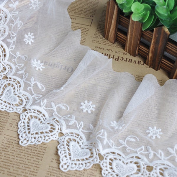 2 yards Lace Trim Ivory Tulle Cotton Heart Embroidery Floral Wedding 5.9 inches width