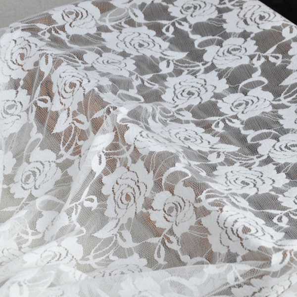 Lace Fabric Ivory Rose Flower Stretchy Bridal Lace Fabric Wedding Fabric Headband Fabric 55.18" width 1 yard